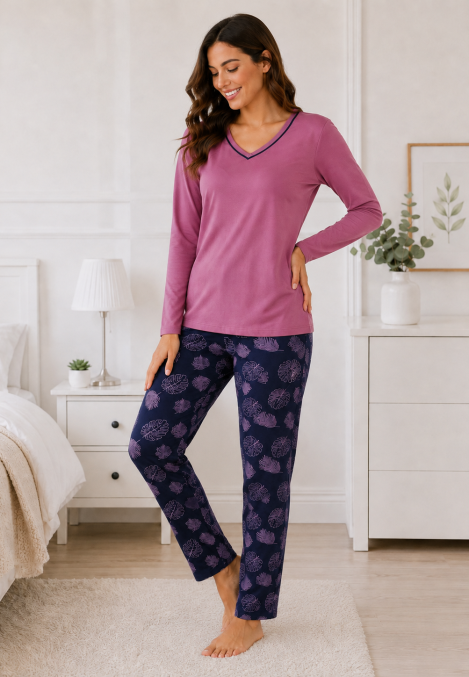 Pijama de damă cu bluză cu maneca lunga și pantaloni lung -Mov,Engros